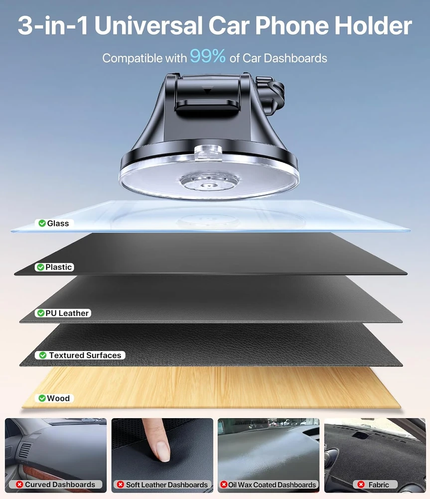 Miracase automobilinis telefono laikiklis su siurbtuku, 360° pasukamas, 04139BLK