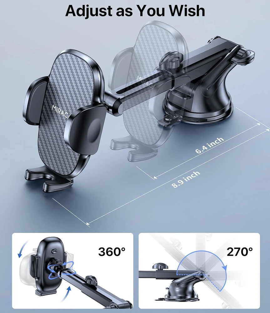 Miracase automobilinis telefono laikiklis su siurbtuku, 360° pasukamas, 04139BLK