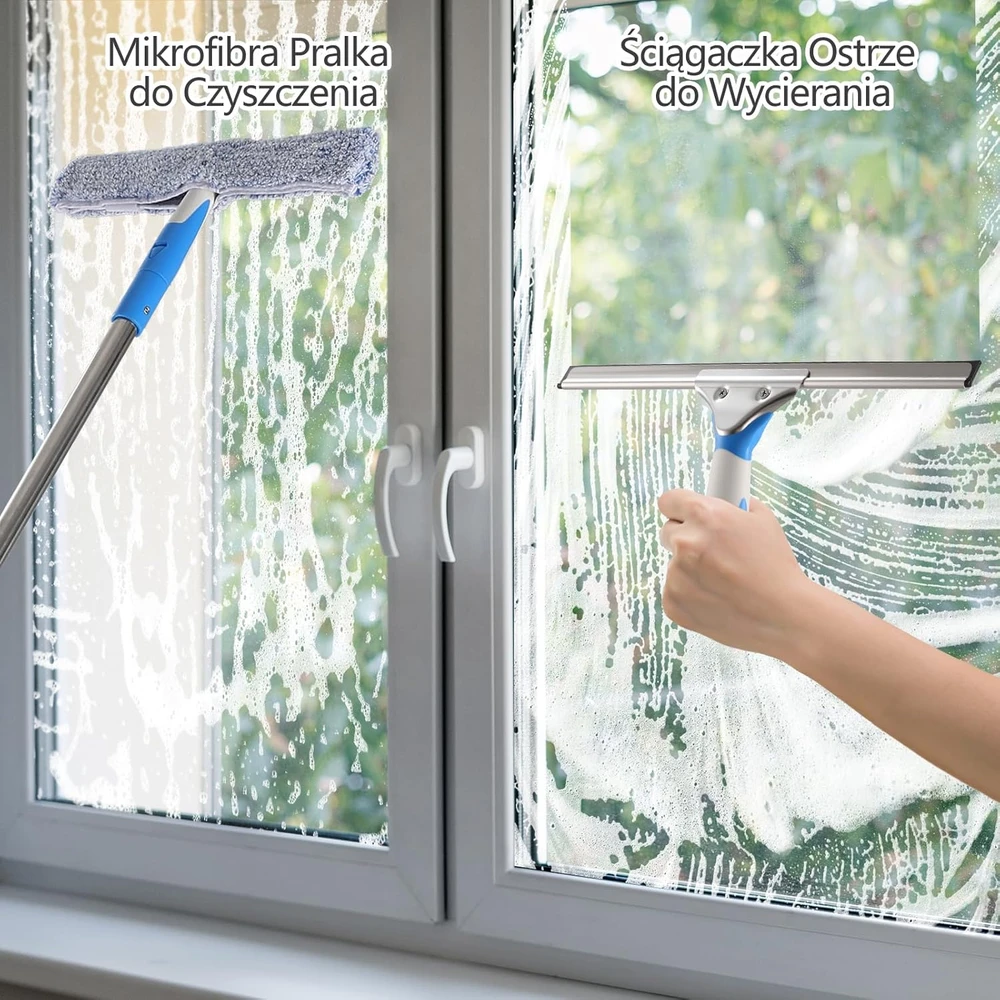 Mitclear langų valymo rinkinys, silikoninė 35 cm šluotelė, teleskopinė 196 cm rankena, mikropluošto šluostės