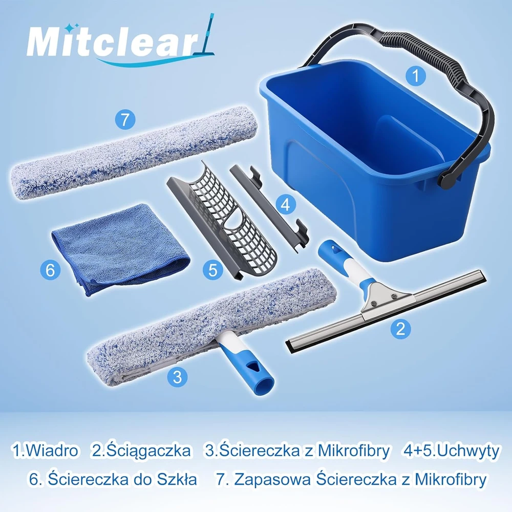 Mitclear langų valymo rinkinys su 12 l kibiru, silikonine 35 cm šluotele ir mikrofibros šluoste