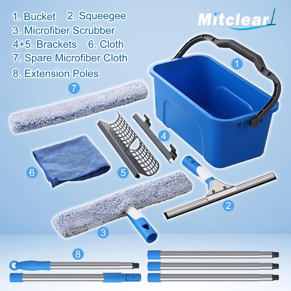 Mitclear langų valymo rinkinys su kibiru 12 l, silikonine 35 cm šluoste ir 196 cm kotu