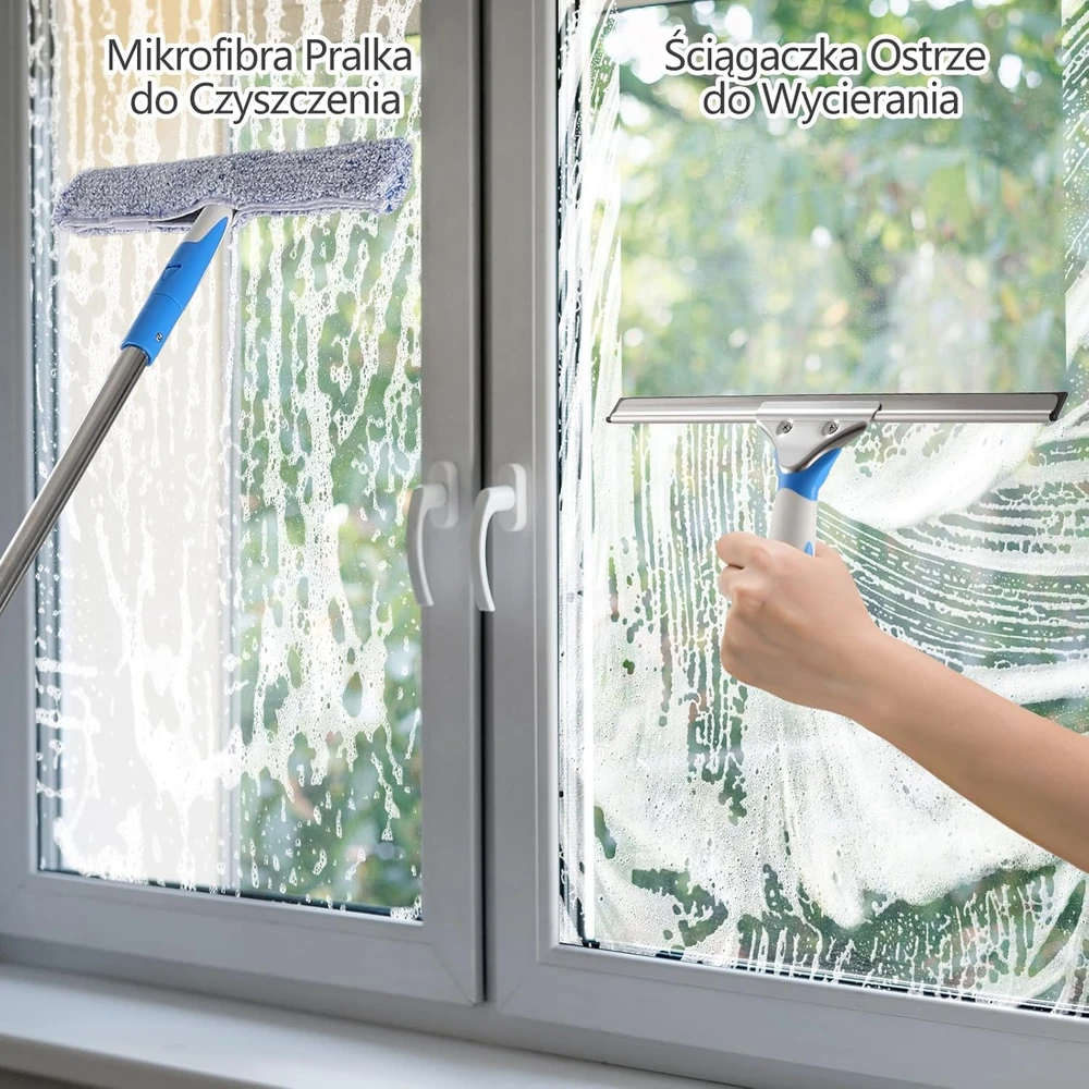 Mitclear langų valymo rinkinys su teleskopine 465 cm rankena, mikropluošto šluoste ir silikonine 35 cm mentele