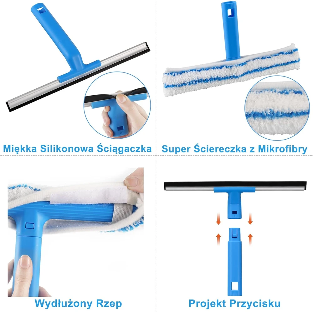 Mitclear langų valymo rinkinys su teleskopiniu kotu 146 cm, silikoninė nuvalymo juosta, mikropluošto šluostės