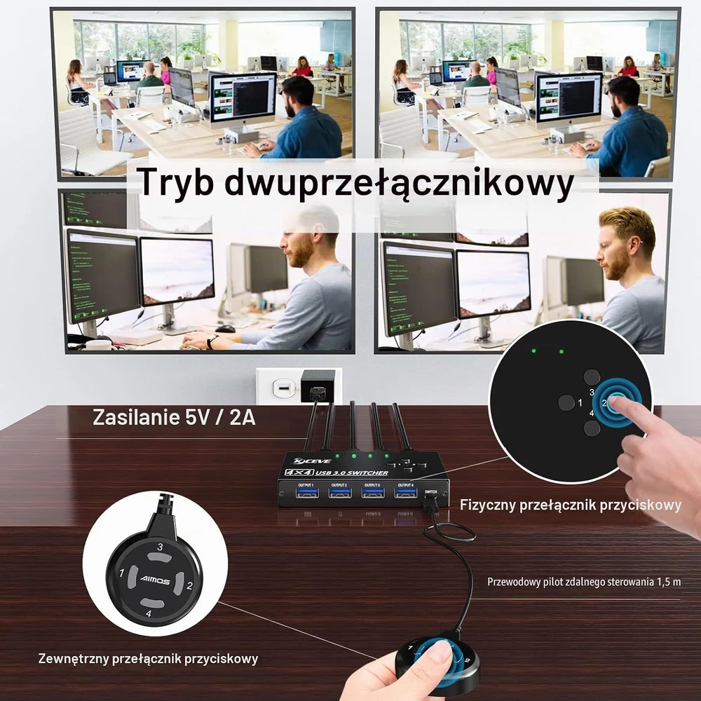 MLEEDA USB 3.0 KVM jungiklis 4 kompiuteriams ir 4 USB prievadams, su nuotoliniu valdikliu, KC-434