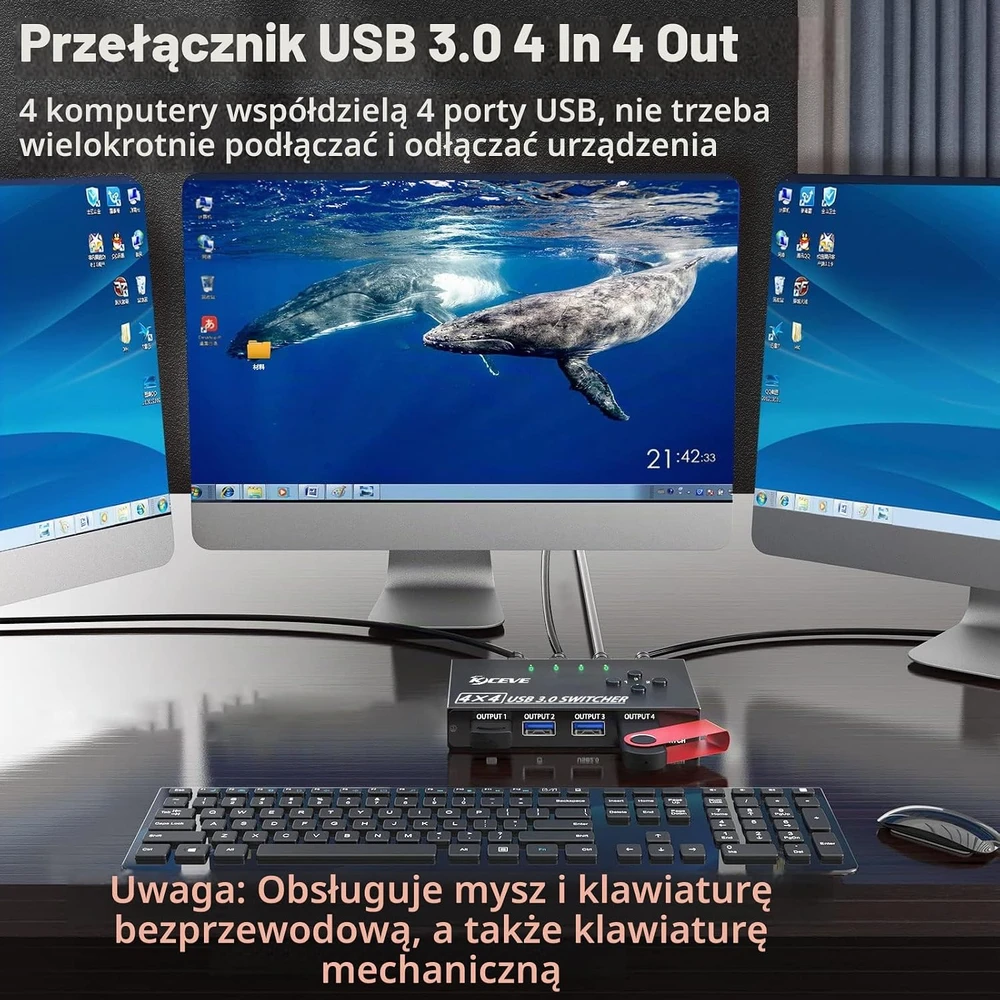 MLEEDA USB 3.0 KVM jungiklis 4 kompiuteriams ir 4 USB prievadams, su nuotoliniu valdikliu, KC-434