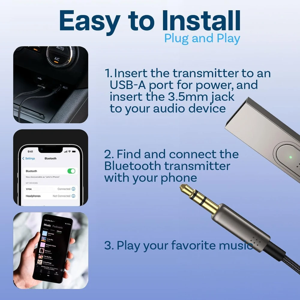 MMOBIEL Bluetooth AUX imtuvas automobiliui su USB-A, 3,5 mm jungtimi ir mikrofonu