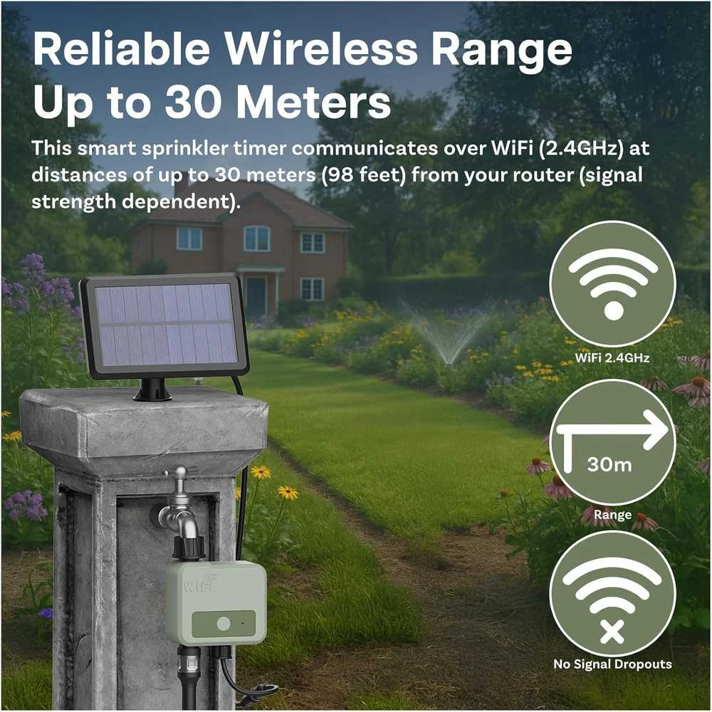 MMOBIEL išmanusis Wi‑Fi laistymo programatorius, saulės ir USB maitinimas, IP54, 30 m nuotolis