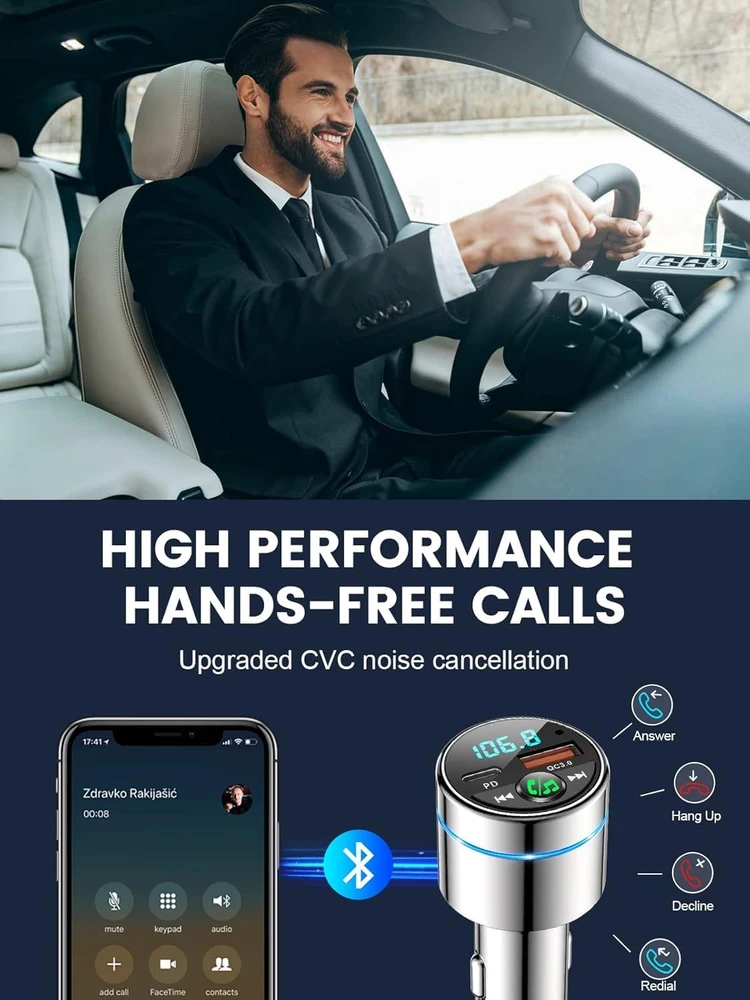 Mohard automobilinis FM siųstuvas su „Bluetooth 5.3“, PD 30 W ir QC 3.0 įkrovimo funkcijomis