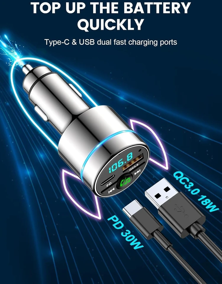 Mohard automobilinis FM siųstuvas su „Bluetooth 5.3“, PD 30 W ir QC 3.0 įkrovimo funkcijomis