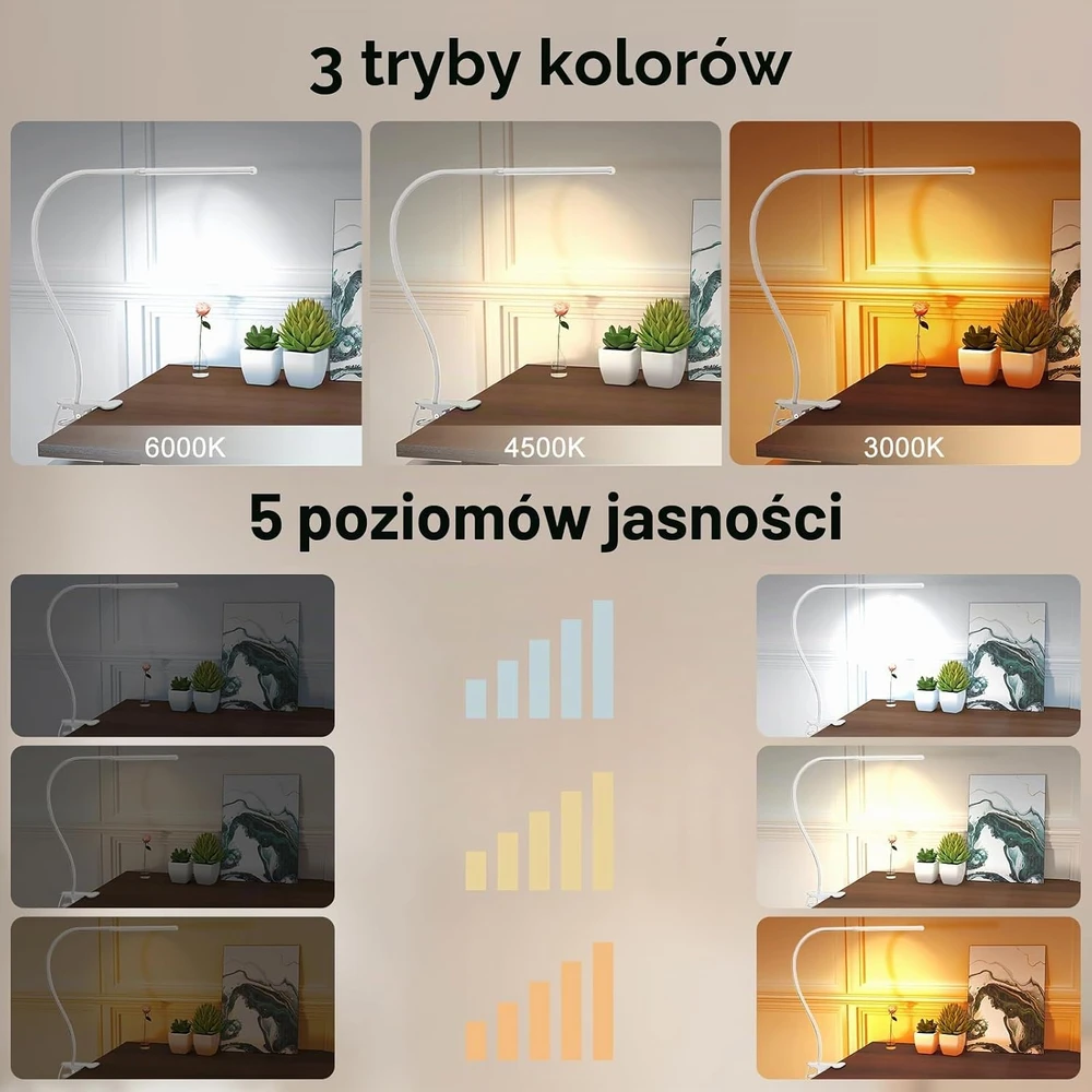 Mojimdo LED stalinė lempa su spaustuku, 77 LED, 3 spalvų režimai, 70 cm