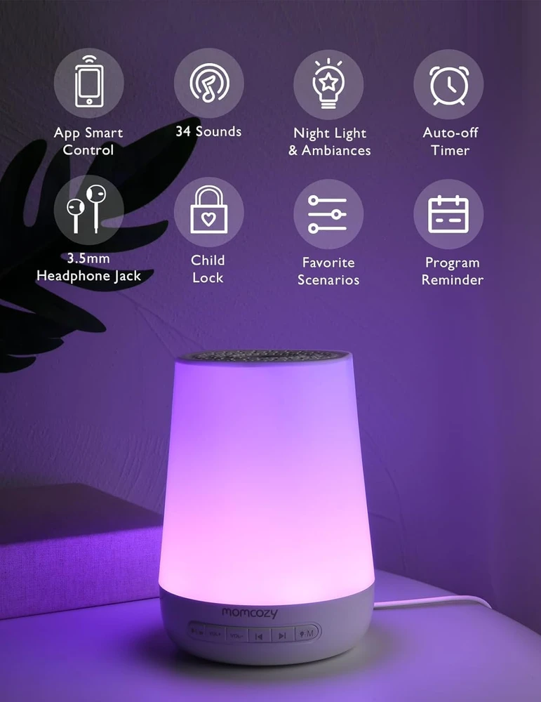 Momcozy baltojo triukšmo įrenginys kūdikiams su 34 garsais, 7 spalvų lempute DB03