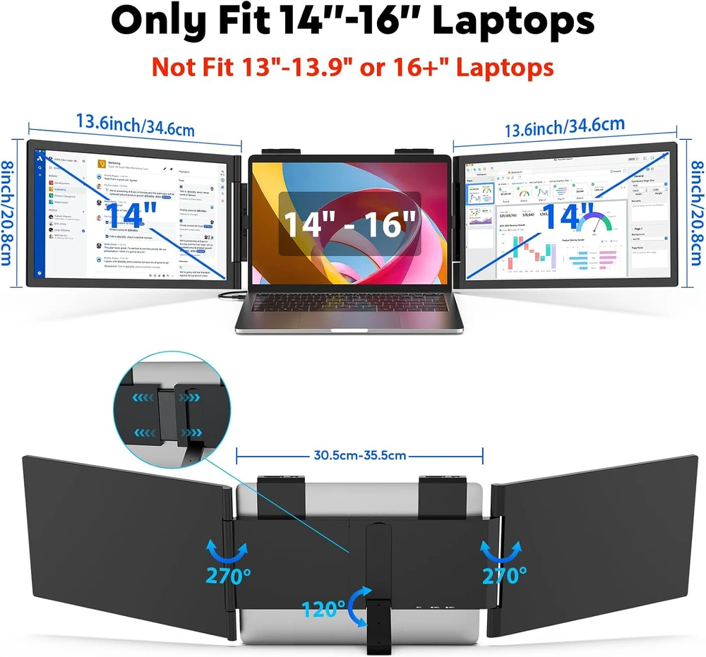 Monitorius MAGICRAVEN nešiojamas trigubas 14 col. FHD IPS nešiojamojo kompiuterio ekranų plėstuvas 14"-Triple