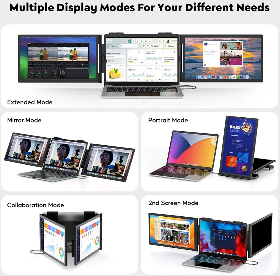 Monitorius MAGICRAVEN nešiojamas trigubas 14 col. FHD IPS nešiojamojo kompiuterio ekranų plėstuvas 14"-Triple