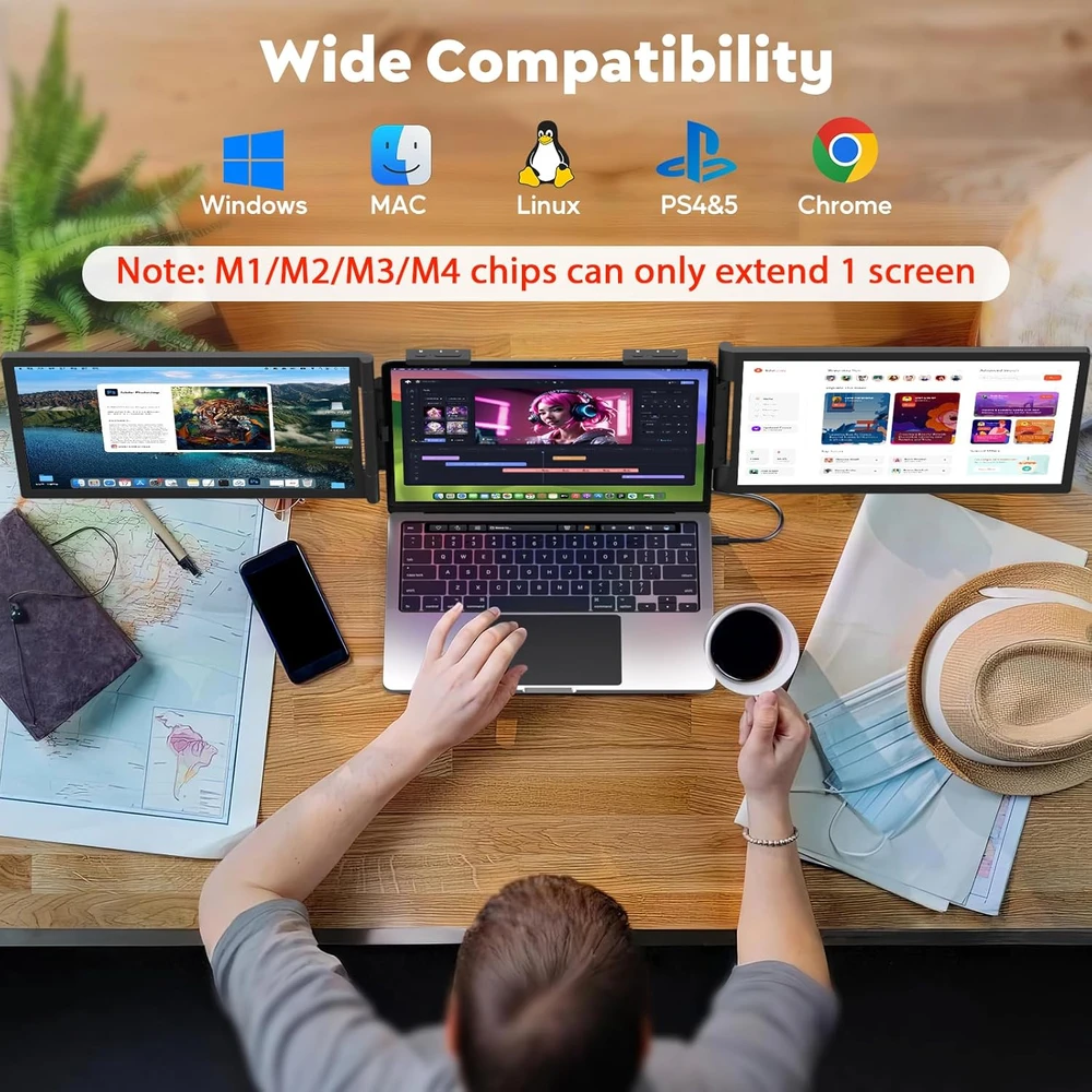 Monitorius MAGICRAVEN nešiojamas trigubas 14 col. FHD IPS nešiojamojo kompiuterio ekranų plėstuvas 14"-Triple