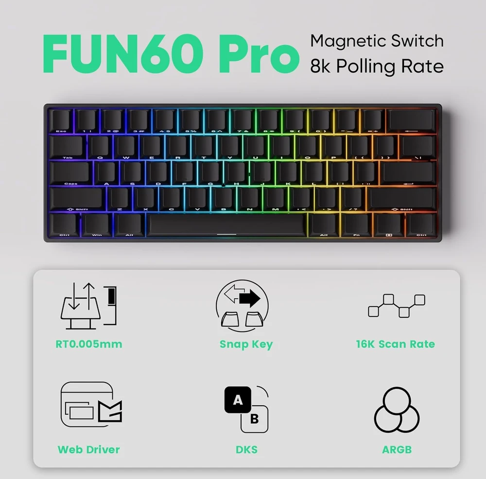 Laidinė klaviatūra Akko MonsGeek FUN60 Pro Gaming, USB-C, RGB, magnetiniai perjungikliai, ANSI (US), Juodos spalvos
