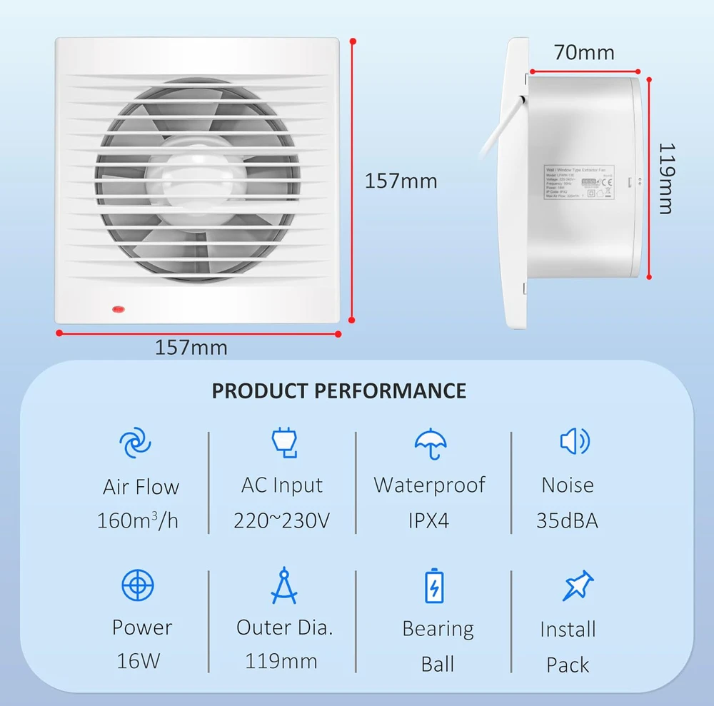 Moonjor ištraukimo ventiliatorius 120 mm 160 m³/h IPX2 su atbuliniu vožtuvu ir 1 m laidu LFWW-11E