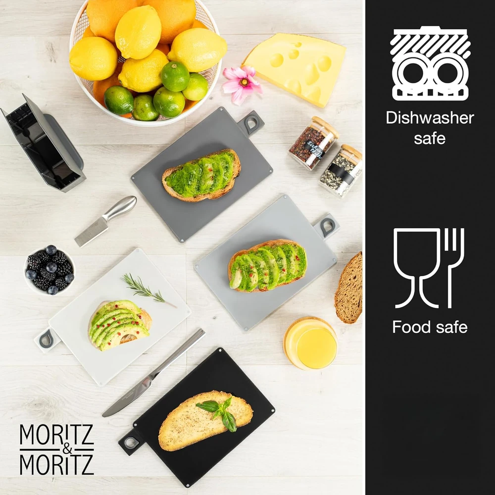 Moritz & Moritz pjaustymo lentelių rinkinys, 20,5 x 14,5 cm, 4 vnt, neslystančios, plastikinės, su stovu