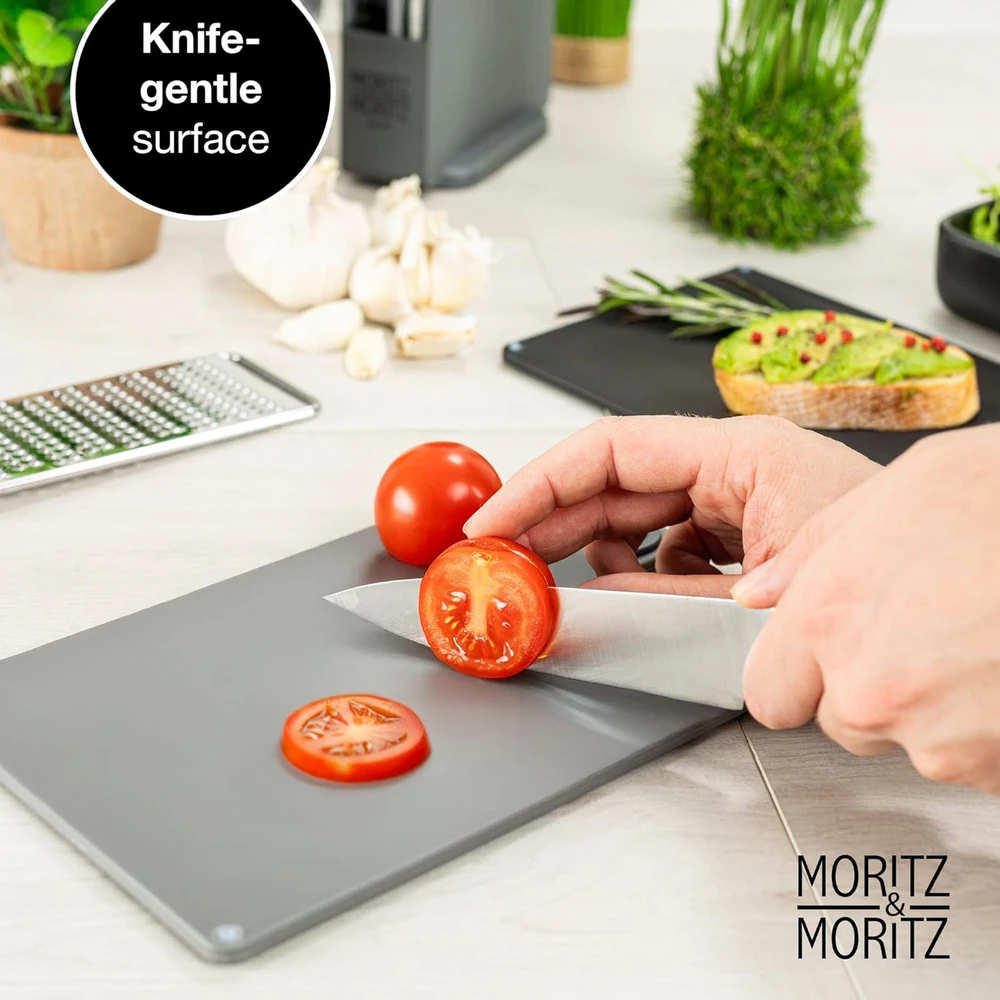 Moritz & Moritz pjaustymo lentelių rinkinys, 20,5 x 14,5 cm, 4 vnt, neslystančios, plastikinės, su stovu