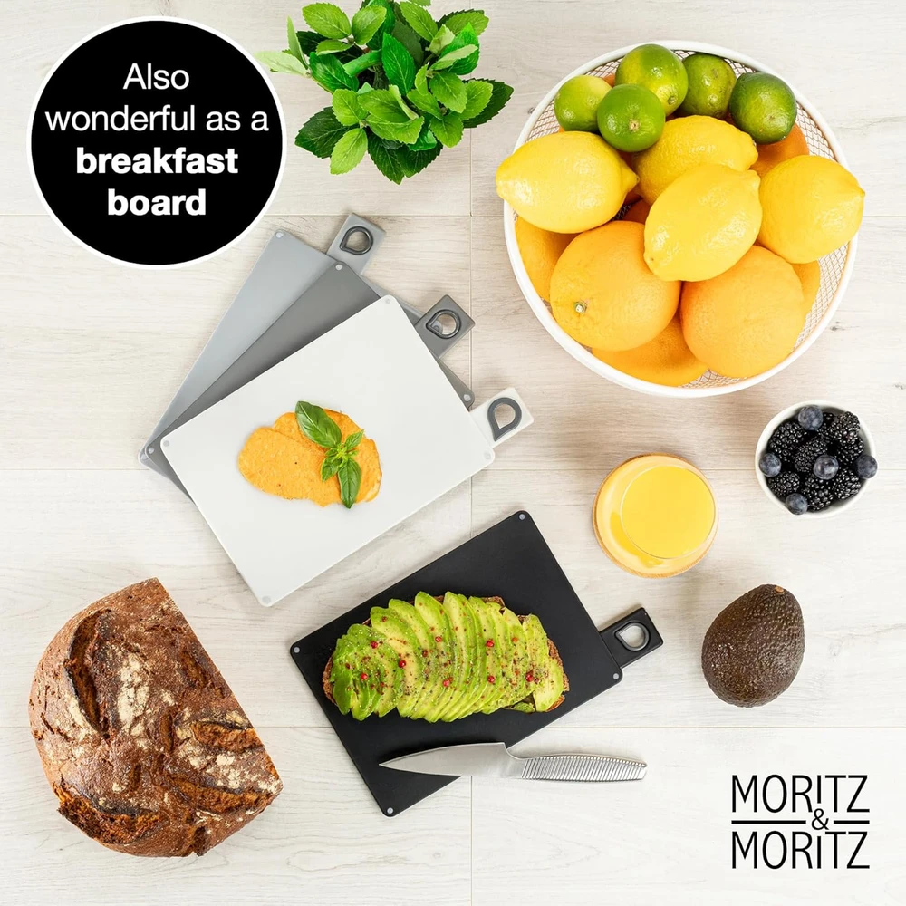 Moritz & Moritz pjaustymo lentelių rinkinys, 20,5 x 14,5 cm, 4 vnt, neslystančios, plastikinės, su stovu