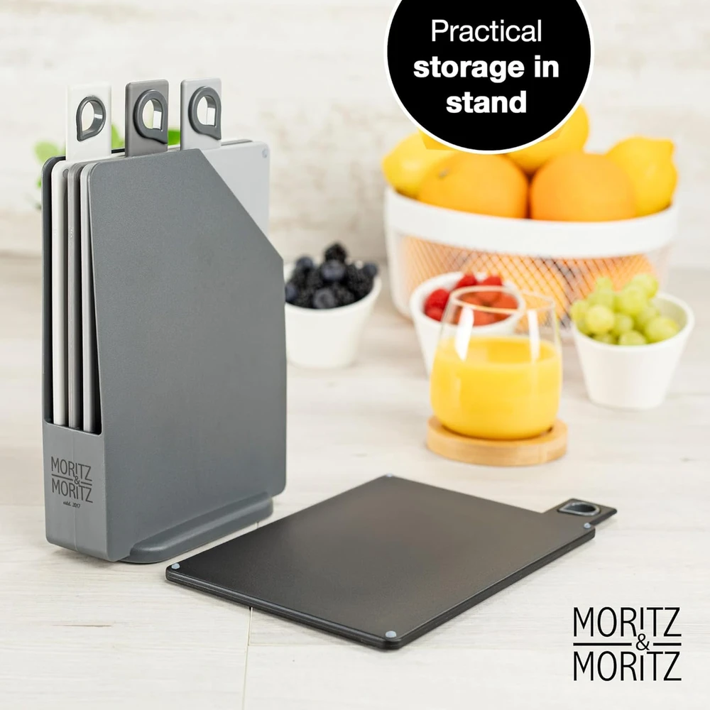 Moritz & Moritz pjaustymo lentelių rinkinys, 20,5 x 14,5 cm, 4 vnt, neslystančios, plastikinės, su stovu
