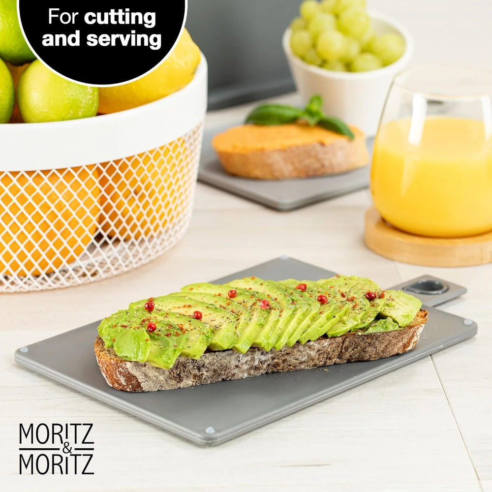 Moritz & Moritz pjaustymo lentelių rinkinys, 20,5 x 14,5 cm, 4 vnt, neslystančios, plastikinės, su stovu