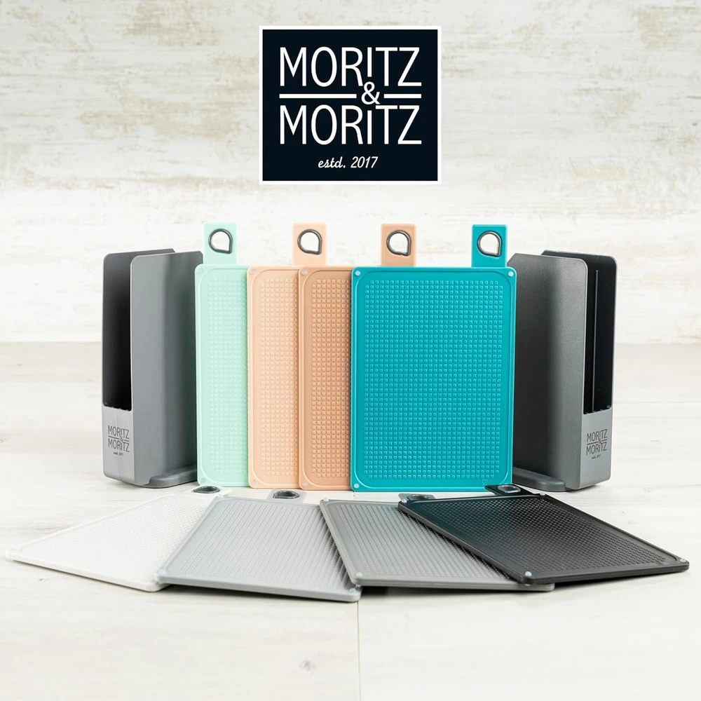 Moritz & Moritz plastikinių pjaustymo lentelių rinkinys su stovu, 4 vnt., 20,5 x 14,5 cm, neslystančios