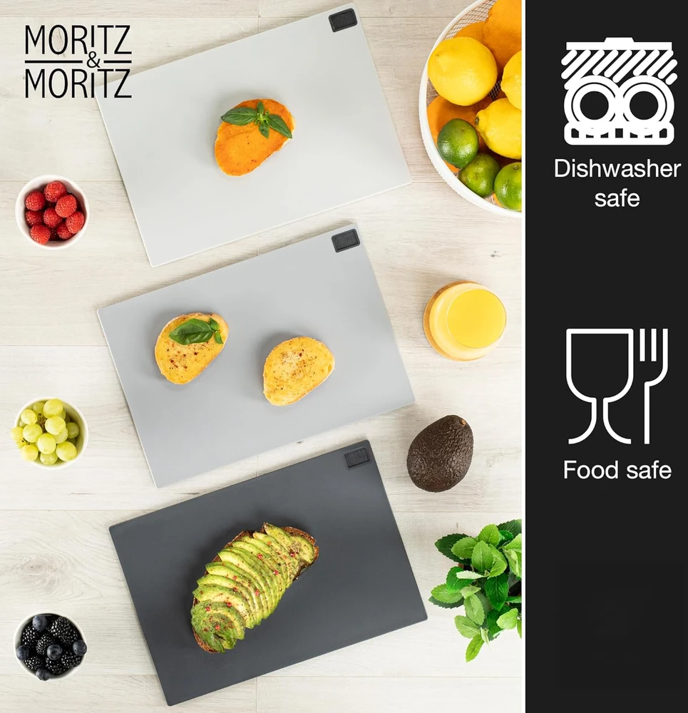 Moritz & Moritz virtuvinių pjaustymo lentelių rinkinys su stovu, plastikas, 32 x 22 cm, 3 vnt.