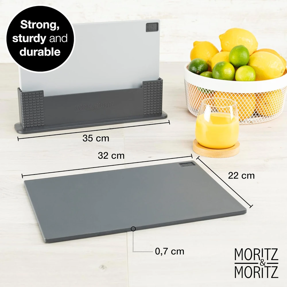 Moritz & Moritz virtuvinių pjaustymo lentelių rinkinys su stovu, plastikas, 32 x 22 cm, 3 vnt.