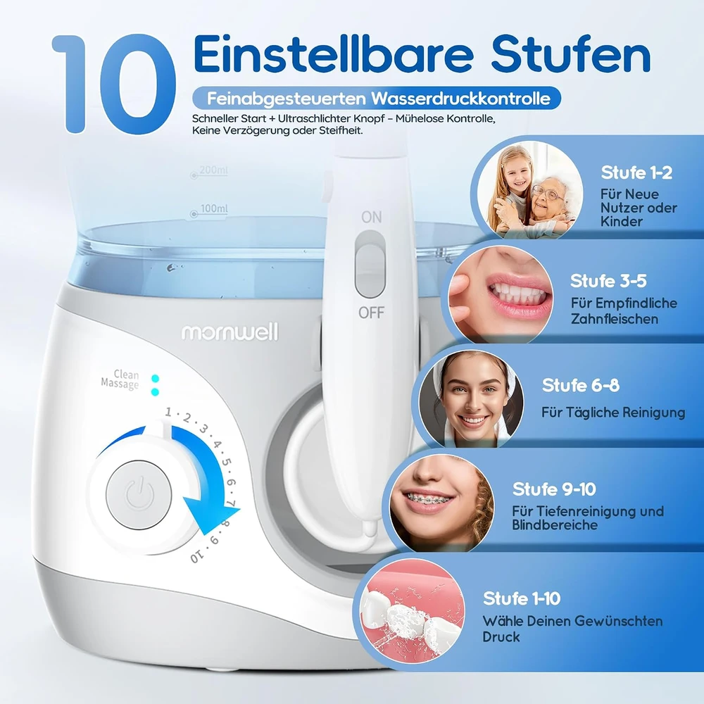 mornwell burnos irigatorius su 600 ml talpa, 2 režimais ir 6 antgaliais F5106