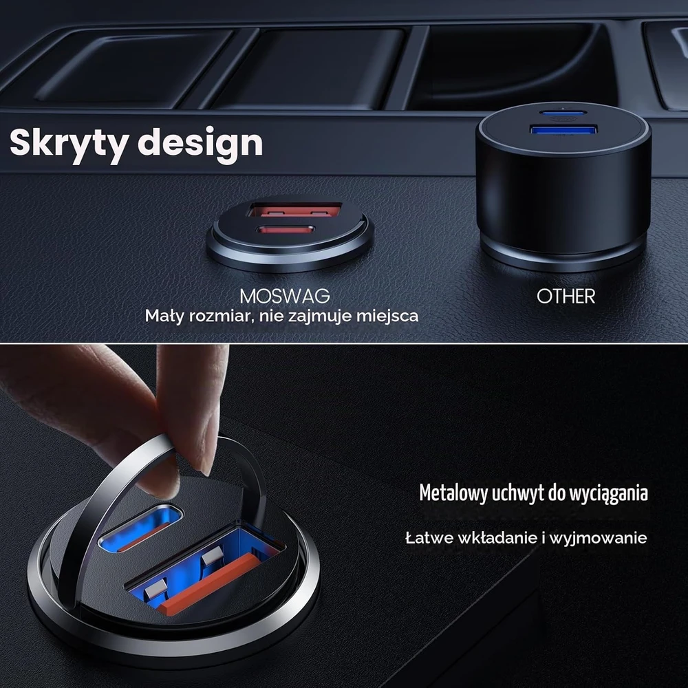 MOSWAG automobilinis įkroviklis USB-C ir USB-A, 18 W, QC 3.0, SD-001