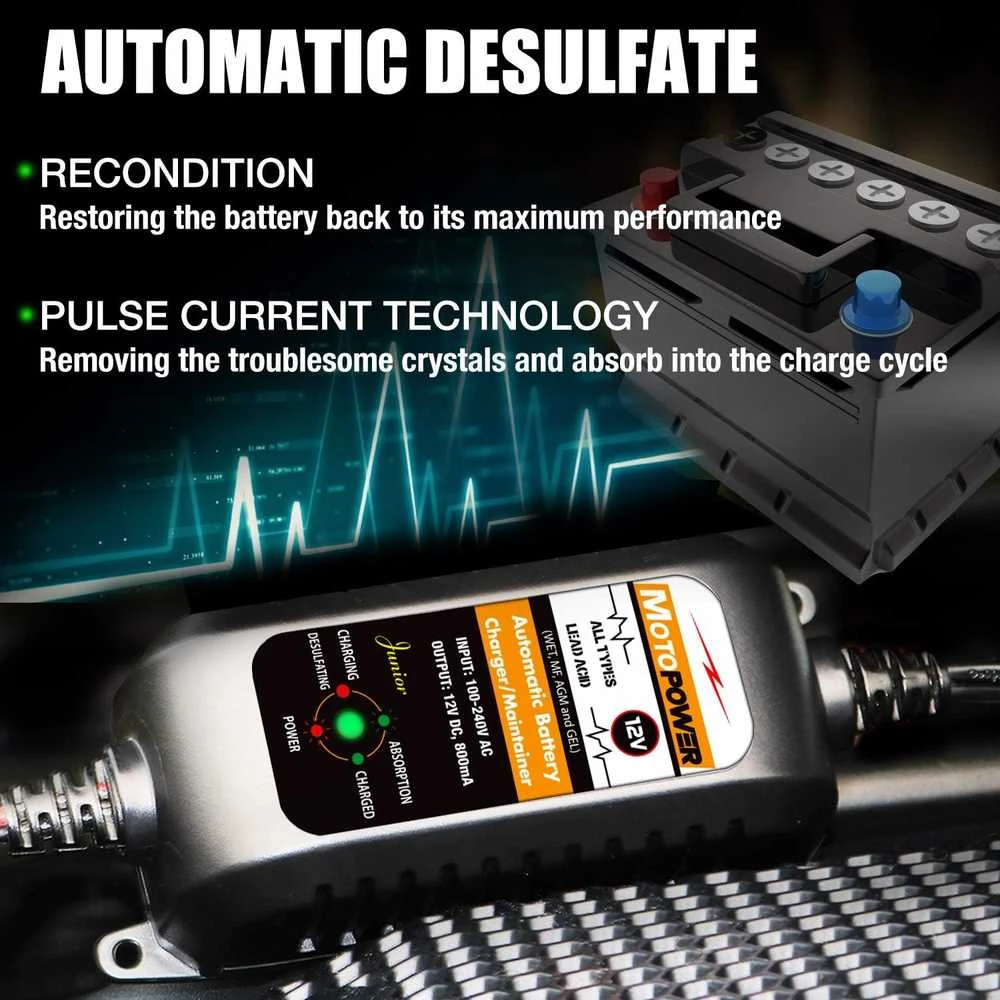 MOTOPOWER 12V 800mA automatinis akumuliatoriaus įkroviklis su priežiūros ir desulfatavimo funkcija MP00205A