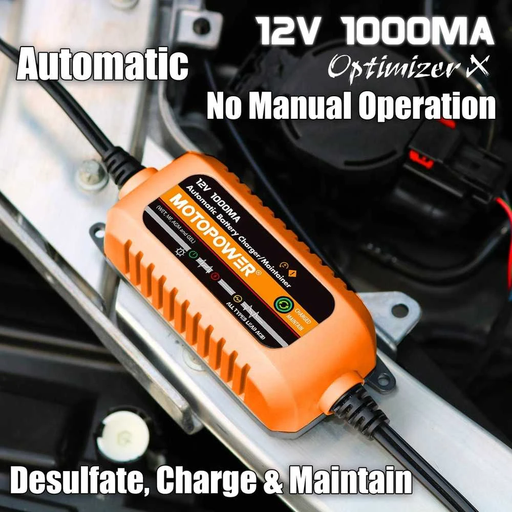 MOTOPOWER akumuliatoriaus įkroviklis 12 V 1 A su laikmačio apsauga ir LED ekranu MP00205B-R