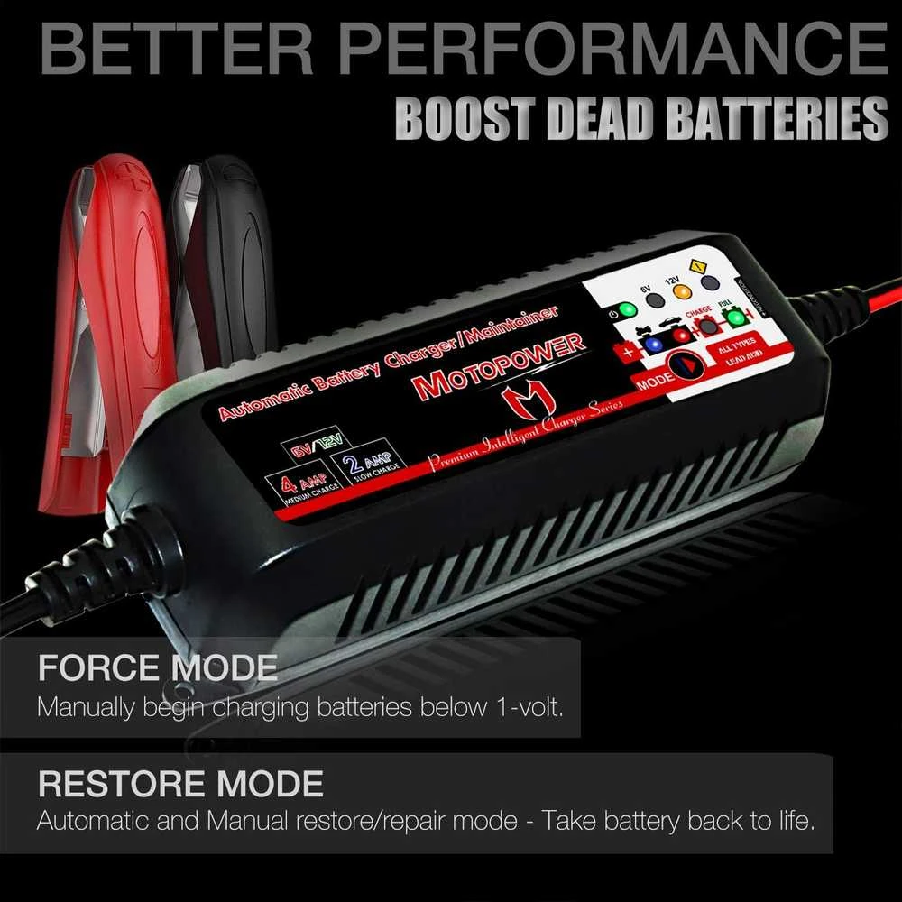 MOTOPOWER akumuliatorių įkroviklis 6V/12V 4A su automatiniu režimu ir atkūrimo funkcija MP00207-FR