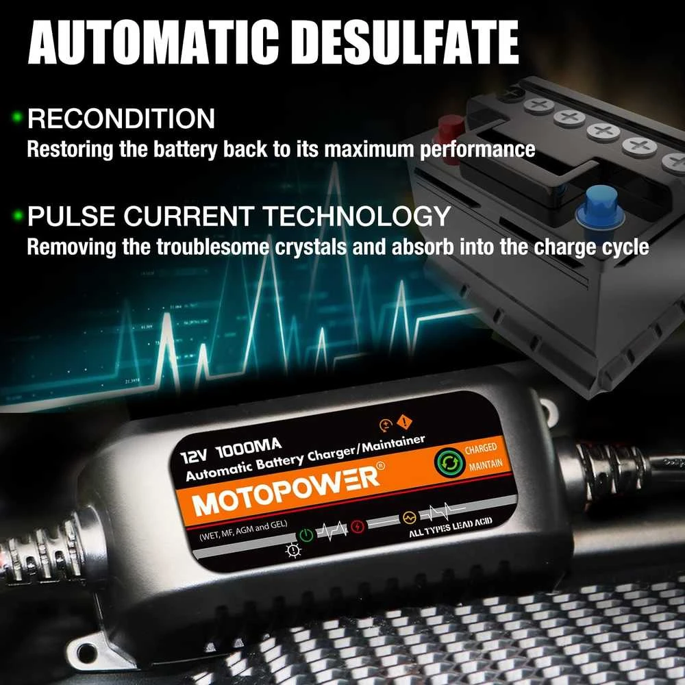 MOTOPOWER automatinis akumuliatoriaus įkroviklis 12V 1A su SAE adapteriais MP00205B