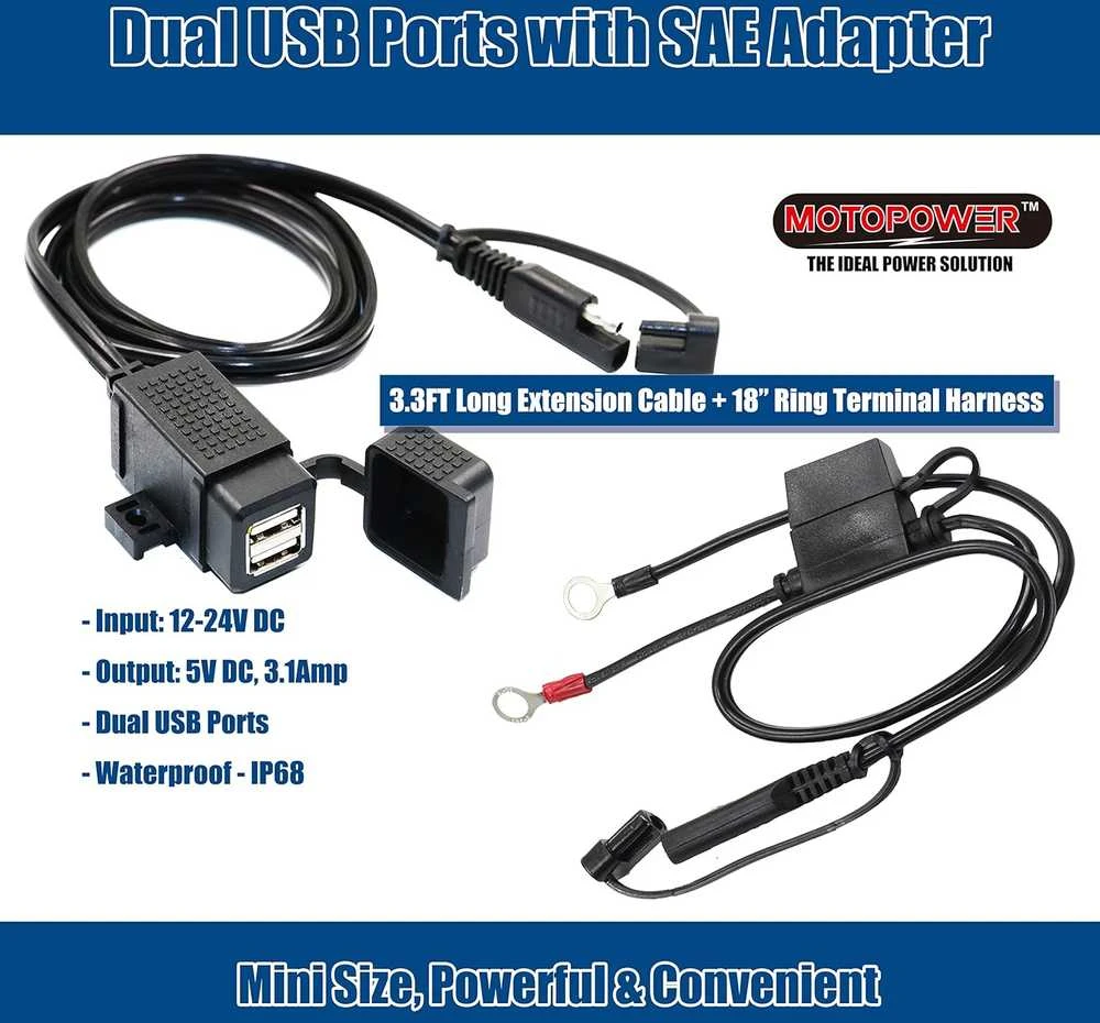 MOTOPOWER motociklo USB įkroviklis 12–24 V, 3,1 A, dvigubas, SAE jungtis, MP0609EA-UK