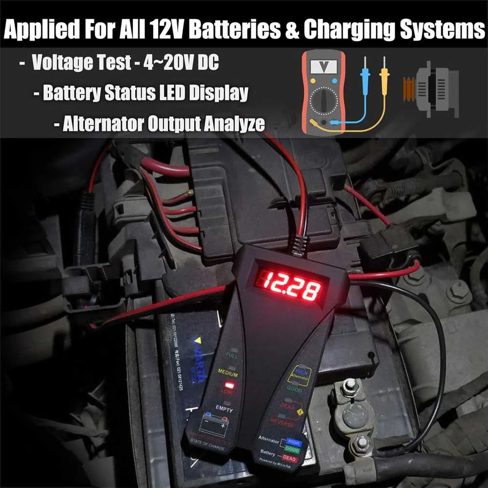 MOTOPOWER skaitmeninis 12 V akumuliatoriaus testeris su LCD ekranu, voltmetras ir įkrovimo sistemos analizatorius MP0514A