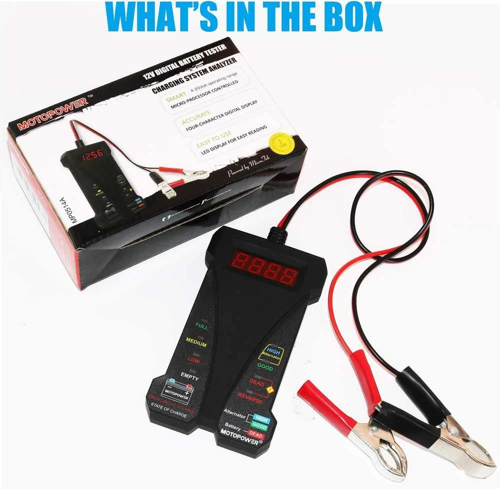 MOTOPOWER skaitmeninis 12 V akumuliatoriaus testeris su LCD ekranu, voltmetras ir įkrovimo sistemos analizatorius MP0514A