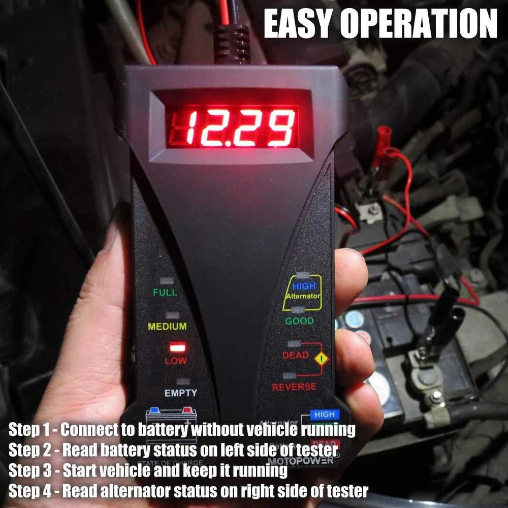 MOTOPOWER skaitmeninis 12 V akumuliatoriaus testeris su LCD ekranu, voltmetras ir įkrovimo sistemos analizatorius MP0514A