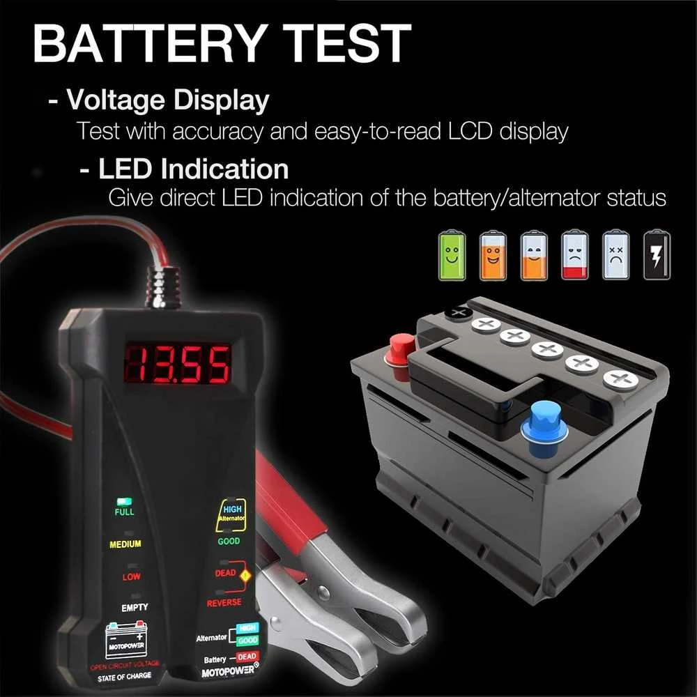 MOTOPOWER skaitmeninis 12 V akumuliatoriaus testeris su LCD ekranu, voltmetras ir įkrovimo sistemos analizatorius MP0514A