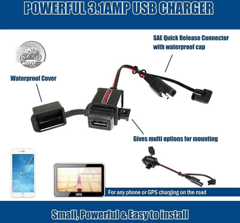 MOTOPOWER USB įkroviklis motociklui, 3,1 A, SAE jungtys, 12–24 V, MP0609AA-UK