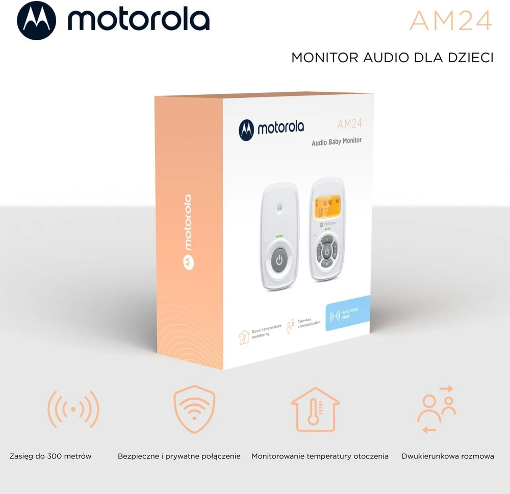Motorola Nursery garso auklė AM24 su DECT ryšiu, LCD ekranu ir 300 m veikimo nuotoliu