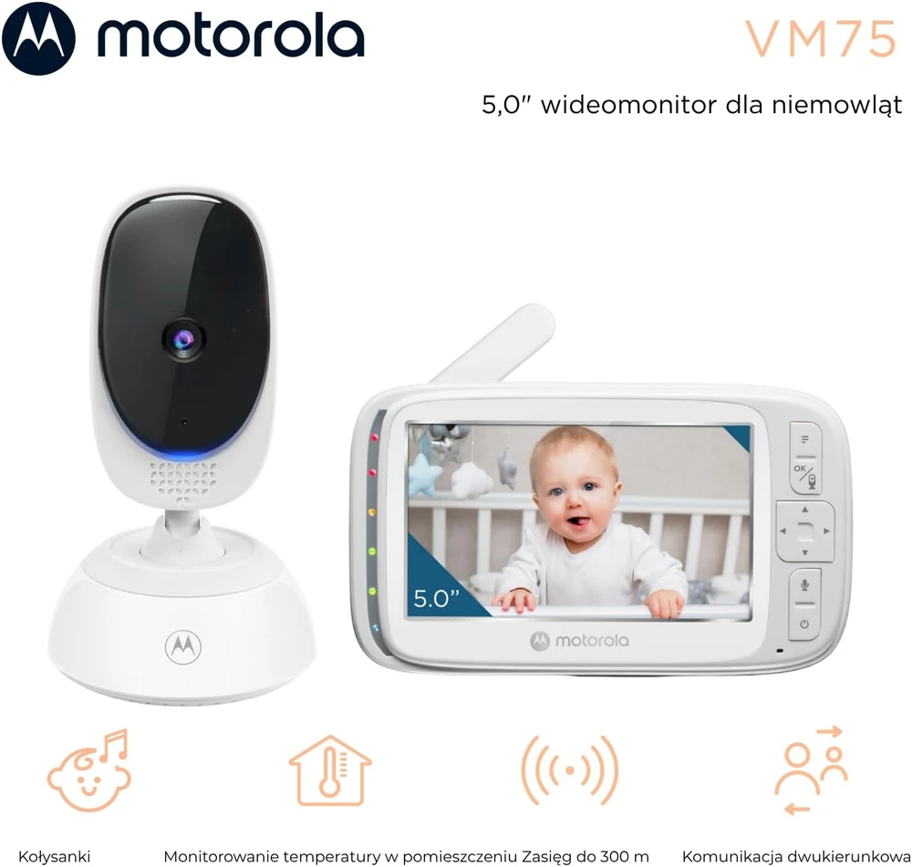 Motorola Nursery vaizdo auklė VM75 su 5 colių ekranu, kamera ir 2,4 GHz FHSS ryšiu