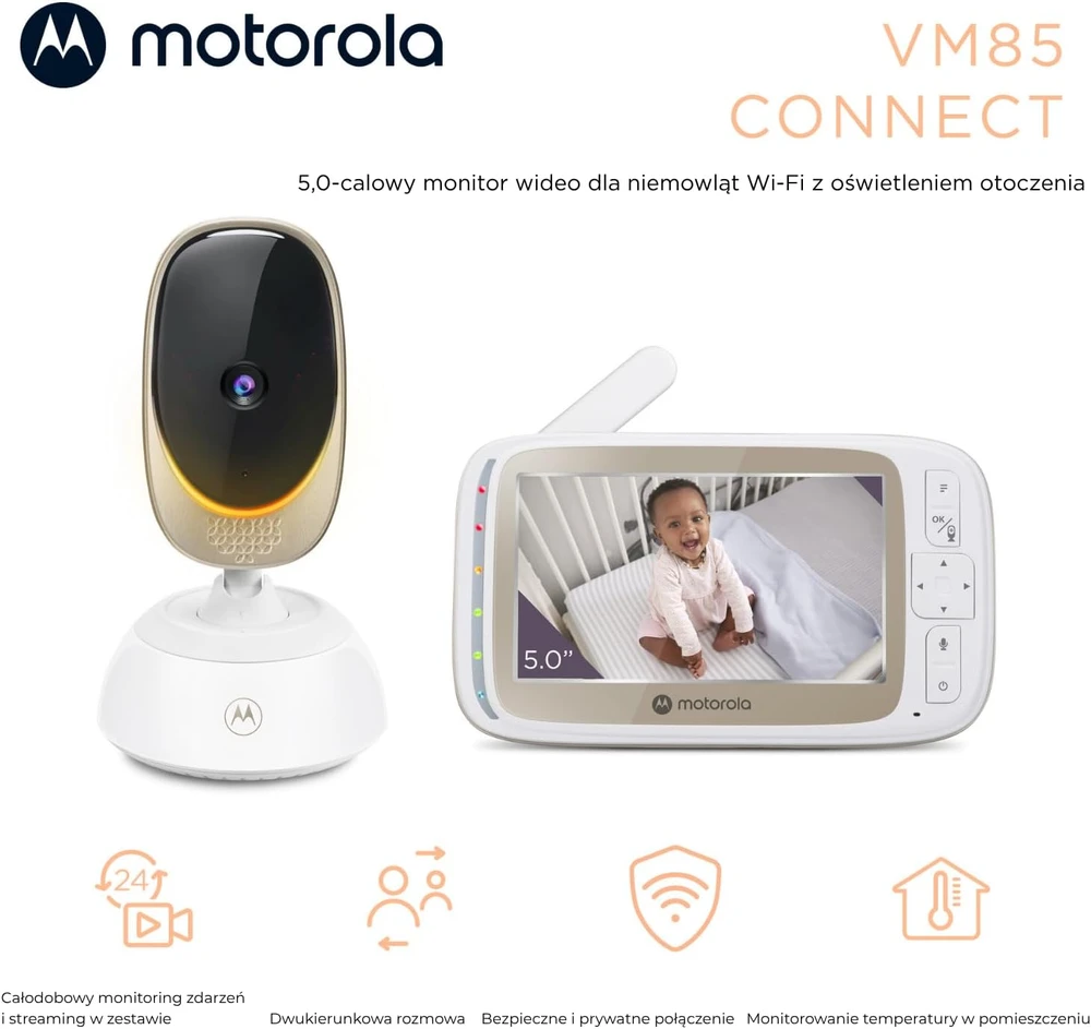 Motorola Nursery vaizdo auklė VM85 Connect su Wi-Fi, 5 col. ekranu ir naktiniu matymu