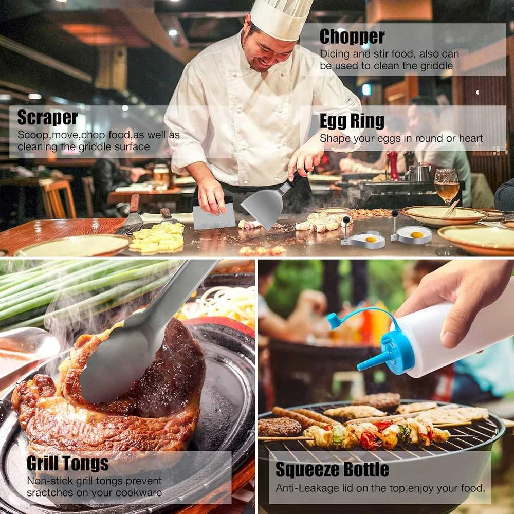 MUJUZE grilio mentelių rinkinys iš nerūdijančio plieno, 13 dalių, tinkamas teppanyaki ir kempingui