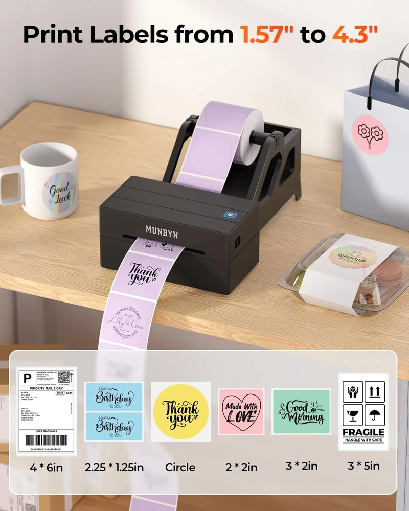MUNBYN termininė etikečių spausdintuvas Bluetooth, 203 dpi, 4x6 colių, suderinamas su iOS, Android, Mac, Windows, juodas, MU-ITPP130B-BK-EU