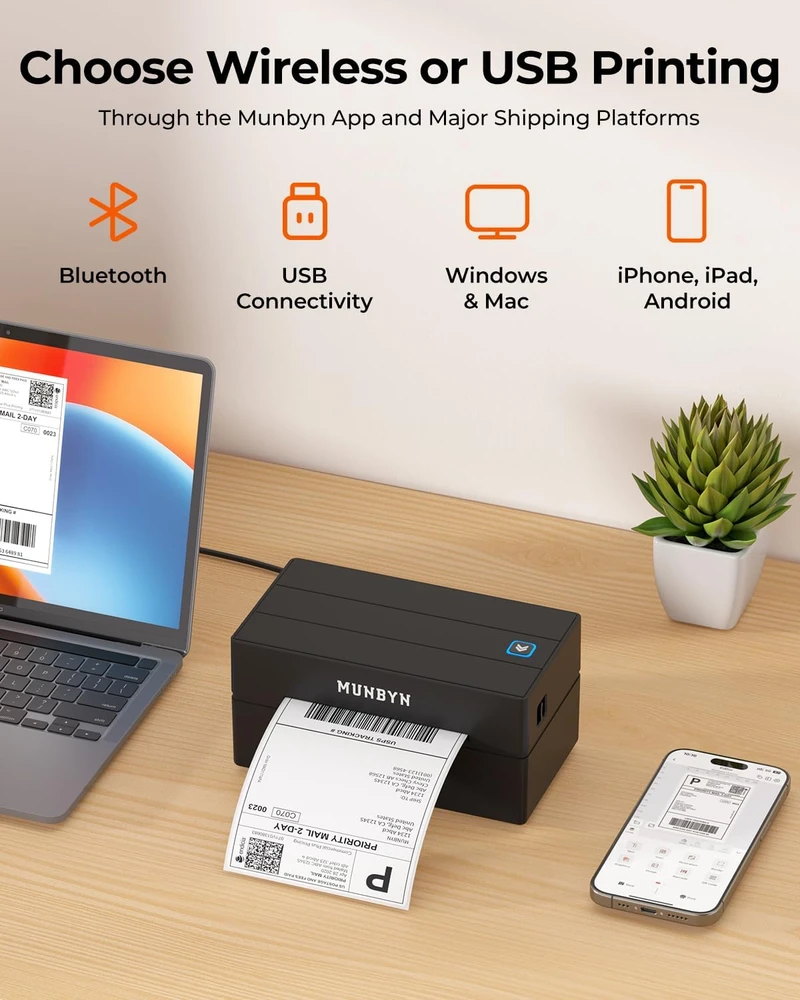 MUNBYN termininė etikečių spausdintuvas Bluetooth, 203 dpi, 4x6 colių, suderinamas su iOS, Android, Mac, Windows, juodas, MU-ITPP130B-BK-EU