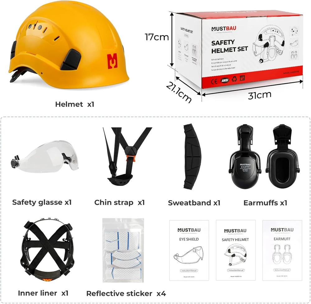 Mustbau apsauginis šalmas su ausinėmis ir skydeliu, reguliuojamas, ABS, EN397, HSE90011