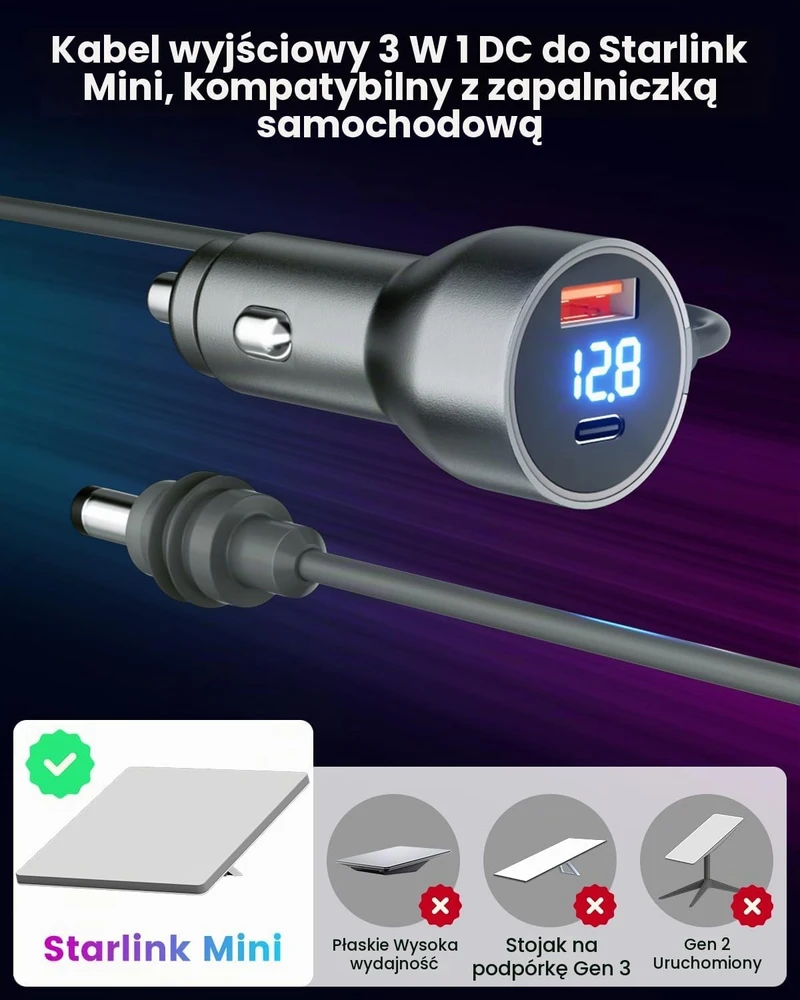 MWIN automobilinis maitinimo adapteris Starlink Mini su USB-C ir USB-A, 30 W, 3 m, CS--A301