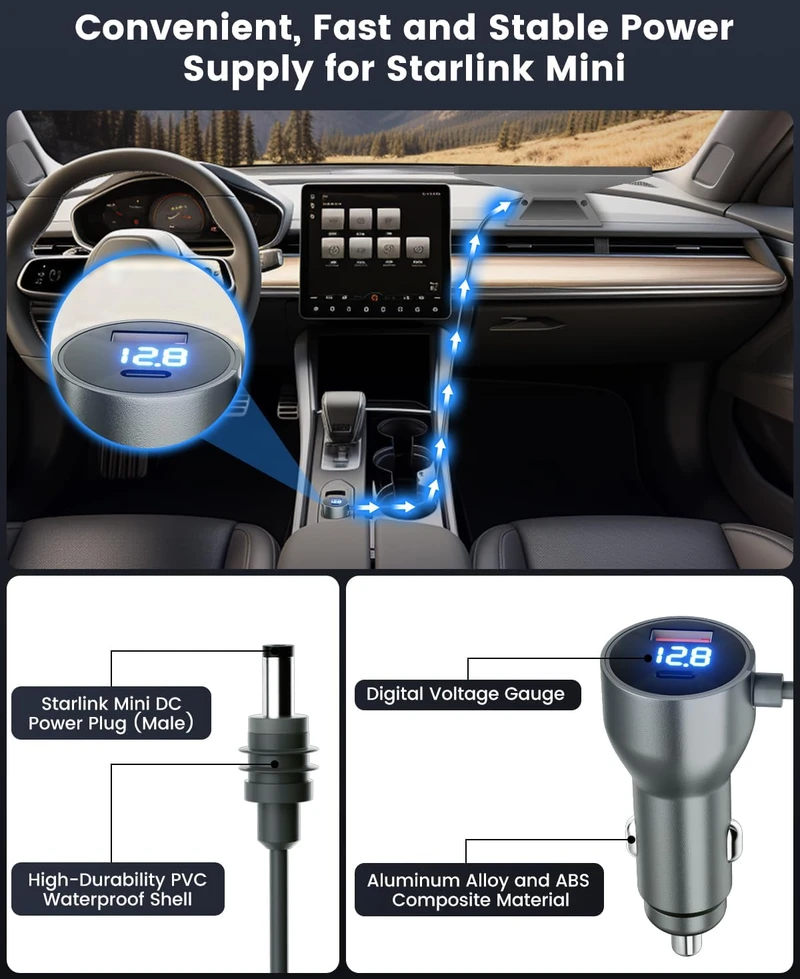 MWIN automobilinis maitinimo adapteris Starlink Mini su USB-C ir USB-A, 30 W, 3 m, CS--A301
