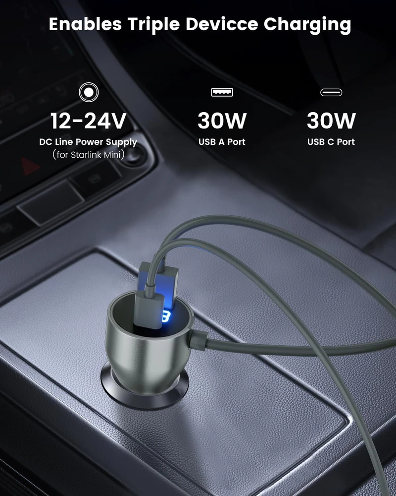 MWIN automobilinis maitinimo adapteris Starlink Mini su USB-C ir USB-A, 30 W, 3 m, CS--A301